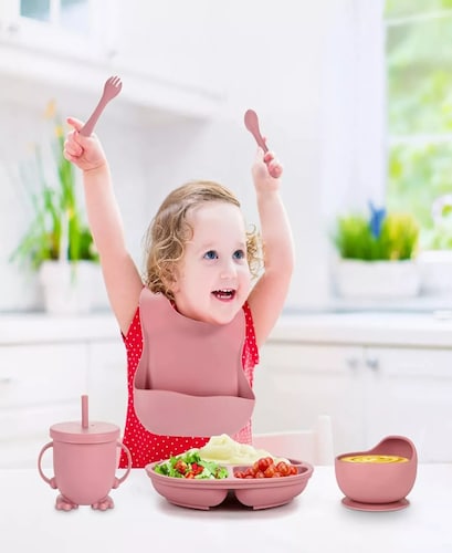 Juego De Alimentación De Silicona Antideslizante Para Bebés Color Rosa
