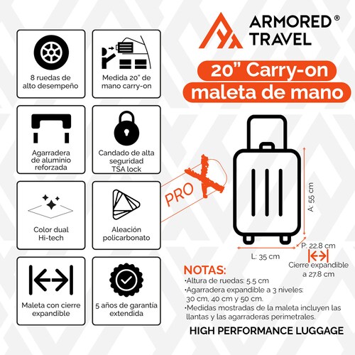 Maleta de mano carry-on cabina policarbonato Pro-x Luna 20 pulgadas capacidad 10 kg rígida con cierre expandible candado de seguridad tsa-lock Armored Travel