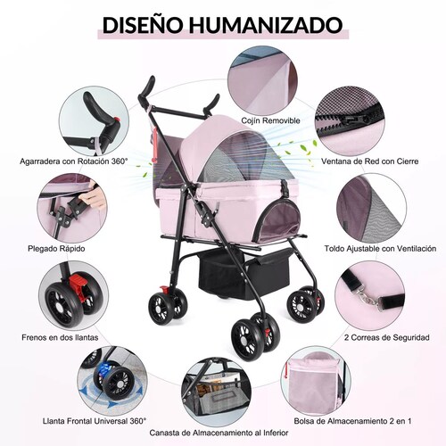 Carriola transportadora  rosa para perro o gato tamaño mediano con giro 360 grados.