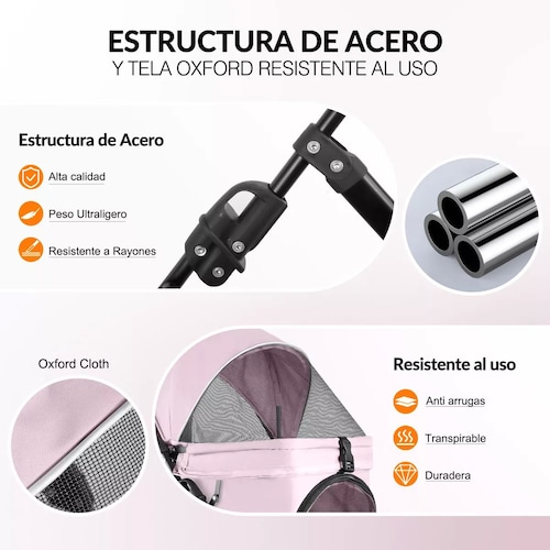 Carriola transportadora  rosa para perro o gato tamaño mediano con giro 360 grados.