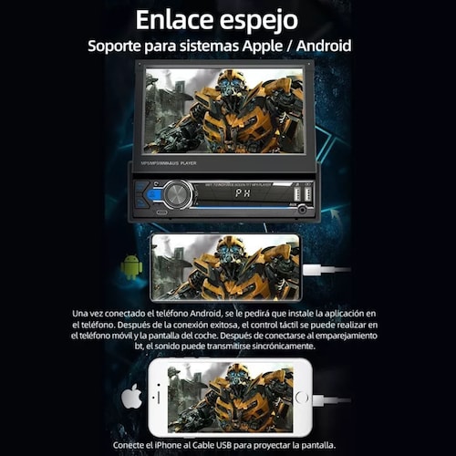 Autoestéreo Mirror Link 1din Retráctil Hd Estéreo De 7 Pulga