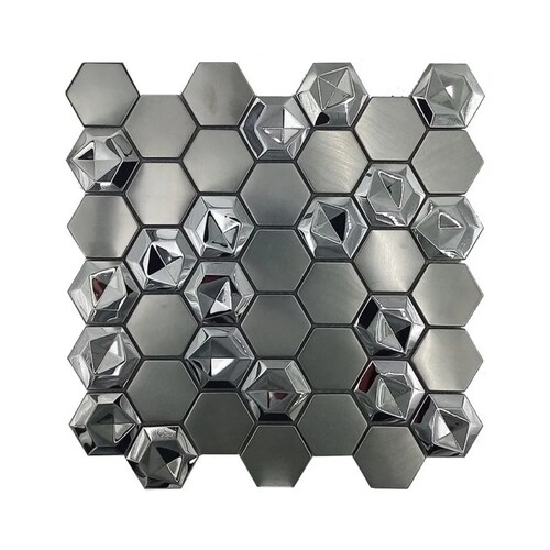 KIT 2 PIEZAS Malla / cenefa / Mosaico decorativa DISEÑO GEOMETRICO, ACERO INOXIDABLE mod. ZEUZ DETALLES cromados 30X30CM