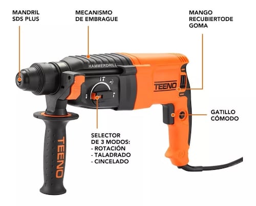 Rotomartillo electroneumático Teeno Rh910 naranja y negro con 800W de potencia.