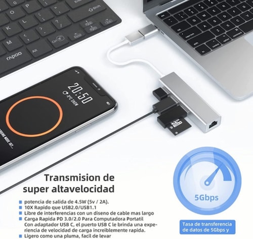 Adaptador Hub Ethernet Rj45 Red Lan Usb C 3 Usb3.0 Gris 