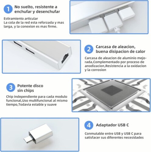 Adaptador Hub Ethernet Rj45 Red Lan Usb C 3 Usb3.0 Gris 