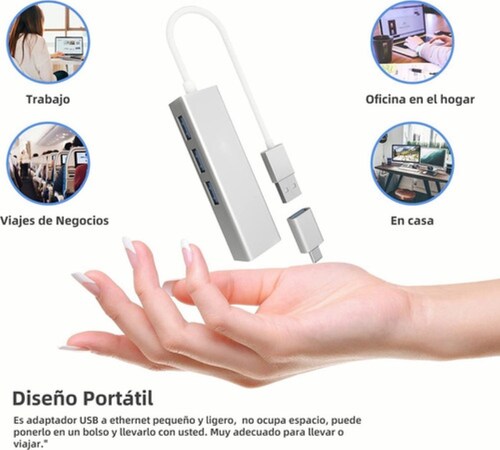 Adaptador Hub Ethernet Rj45 Red Lan Usb C 3 Usb3.0 Gris 