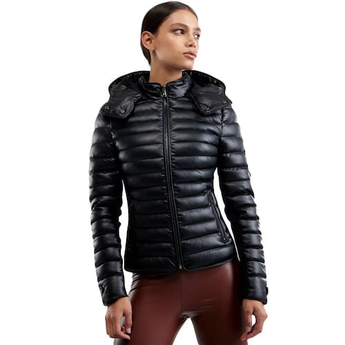 Chamarra negra de mujer con tacto de piel y capucha, marca Holly Land, mod. 1093119