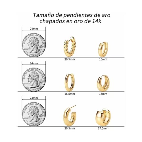 Aretes De Presion Oro 14k Mujer Arracadas 6 pares, DORADO