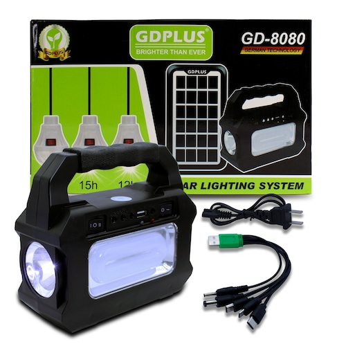 Lámpara Más Tres Focos Y Panel Solar Para Recargar / Gd-8080.