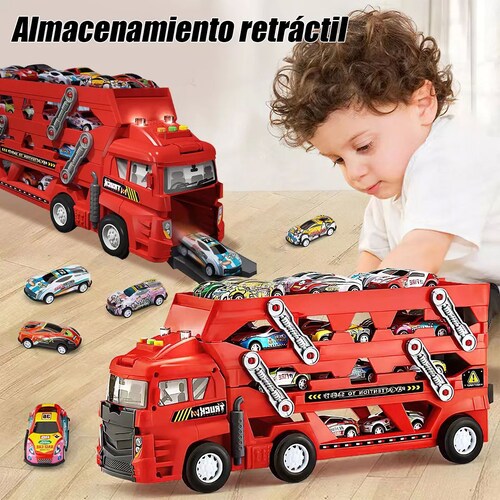 Camión Porta Coches Carros Color Rojo con Eyección de Luz y Sonido 25 Piezas Juguetes