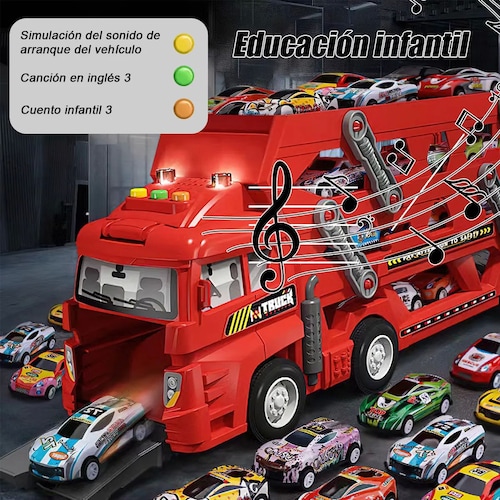 Camión Porta Coches Carros Color Rojo con Eyección de Luz y Sonido 25  Piezas Juguetes