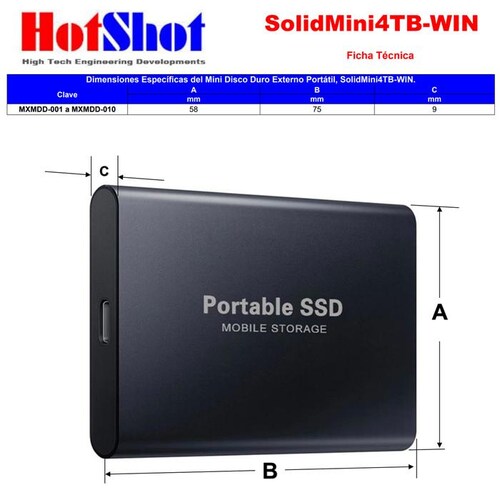 Disco Duro SSD Externo Portátil 4TB MXMDD-008-2 2 Pzas 4TB Plata SSD Lectura 30 MBs Escritura 37 MBs USB-C Entrada USB-A-C Salida, SolidMini04TB-WIN
