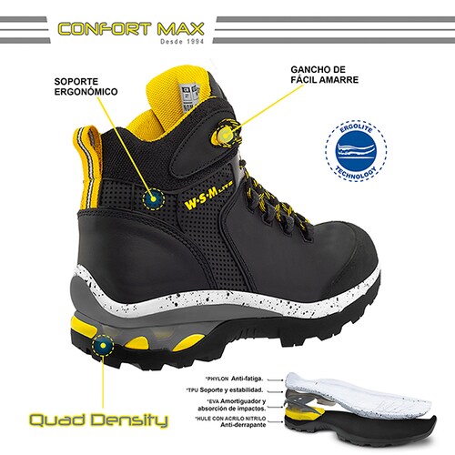 Zapato de Seguridad WSM, Ergonómico y muy ligero. Con casquillo de Policarbonato. Bota Industrial y multifuncional. Aero Lite
