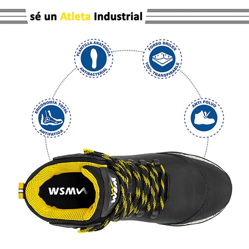 Zapato de Seguridad WSM, Ergonómico y muy ligero. Con casquillo de Policarbonato. Bota Industrial y multifuncional. Aero Lite