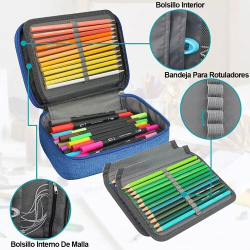 Estuche Para Lápices72 Ranuras Lapiceras Organizador Escolar color AZUL.