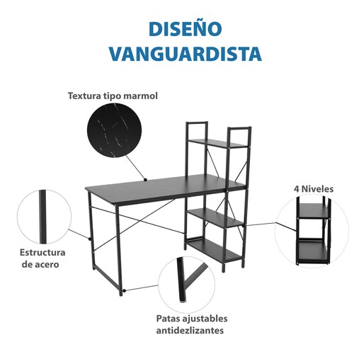Onof nof Anahi Escritorio Minimalista con 3 repisas (Negro marmol), Escritorio para computadora, Escritorio Oficina, Escritorio Home Office Desk Tipo marmoleado (65D x 121W x 74H)