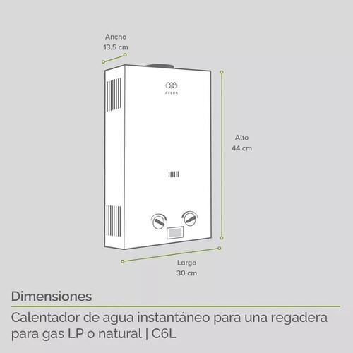 Calentador de agua a gas GLP Avera C6L blanco.