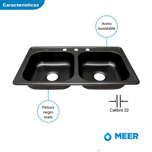 Fregadero de Cocina de Acero Inoxidable Doble Tina en Acabado Negro Mate Tarja Doble Calibre 22 de Acero Inoxidable Color Negro Mate.