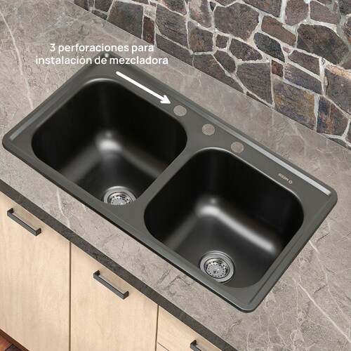 Fregadero de Cocina de Acero Inoxidable Doble Tina en Acabado Negro Mate Tarja Doble Calibre 22 de Acero Inoxidable Color Negro Mate.