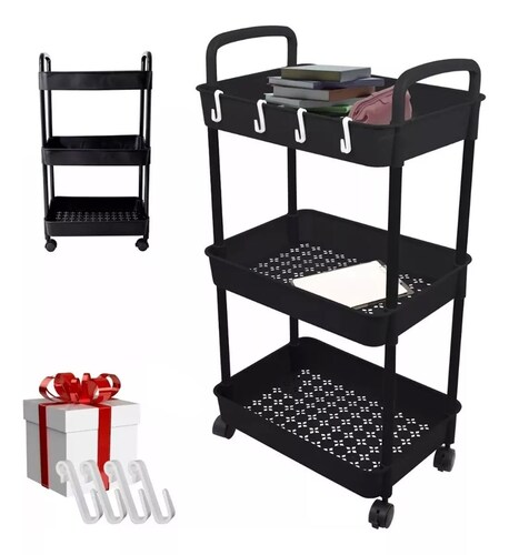 Carrito Auxiliar Estetica Organizador Multiusos 3 Niveles color NEGRO.