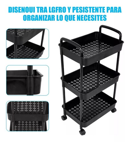 Carrito Auxiliar Estetica Organizador Multiusos 3 Niveles color NEGRO.