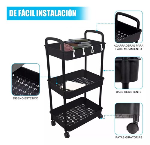 Carrito Auxiliar Estetica Organizador Multiusos 3 Niveles color NEGRO.