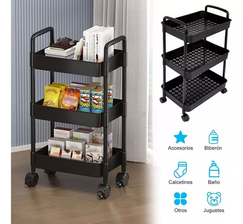 Carrito Auxiliar Estetica Organizador Multiusos 3 Niveles color NEGRO.