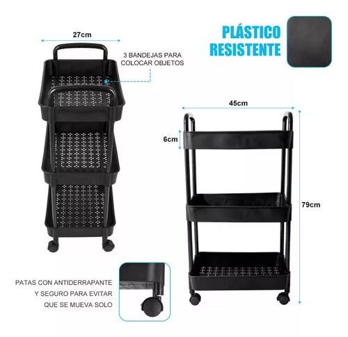 Carrito Auxiliar Estetica Organizador Multiusos 3 Niveles color NEGRO.
