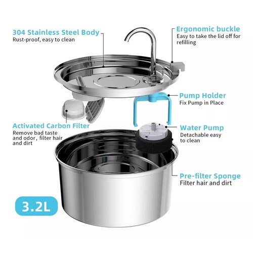 Bebedero Fuente Para Gatos Perros Acero Inoxidable 3.2l