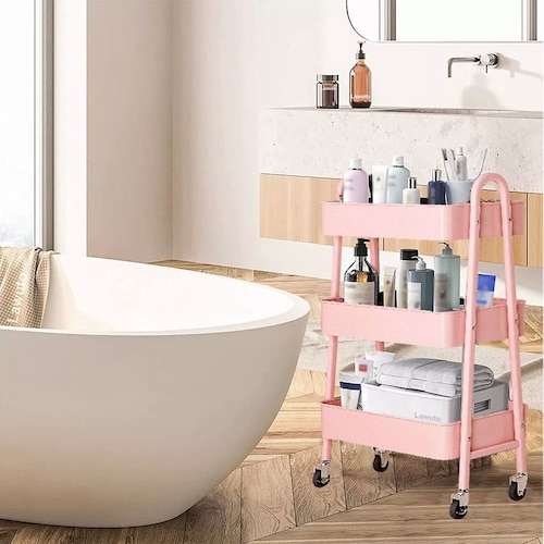 Carrito Organizador Multiusos 3 Niveles Con 360 Metal Ruedas color ROSA