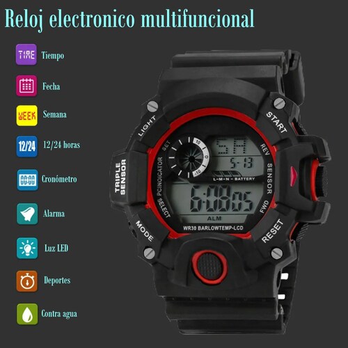 Moda Hombres Reloj Deportivo Negro Táctico Impermeable LED Reloj de Pulsera  Digi