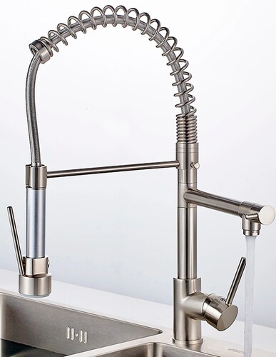 Llave Mezcladora y Grifo Para Cocina Doble Con Doble Función Haussy Acabado Niquel Esmerilado