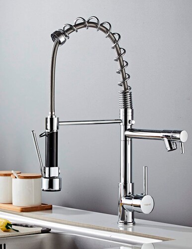 Llave Mezcladora y Grifo Para Cocina Doble Con Doble Función Haussy Acabado Cromado