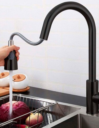 Llave Mezcladora y Grifo Para Cocina Triple Función Con Manguera Retráctil Haussy Acabado Negro Mate
