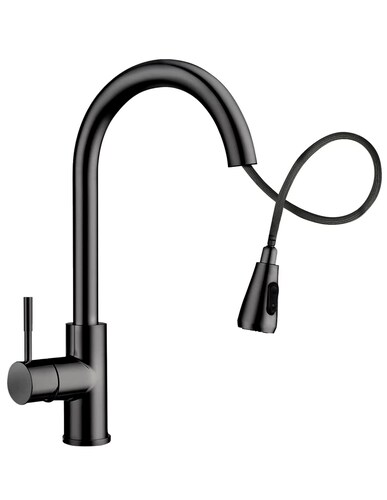 Llave Mezcladora y Grifo Para Cocina Triple Función Con Manguera Retráctil Haussy Acabado Negro Mate