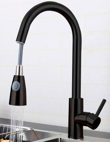 Llave Mezcladora y Grifo Para Cocina Triple Función Con Manguera Retráctil Haussy Acabado Negro Mate