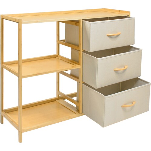 Comoda Cajonera Mueble Bambu Organizador 3 Cajones Estantes
