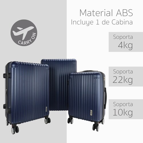 Maleta Set de 3 piezas Resistentes Rigidas Con Ruedas Giratorias removibles Asa Expandible TSA con Báscula integrada 20,24,28" AZUL