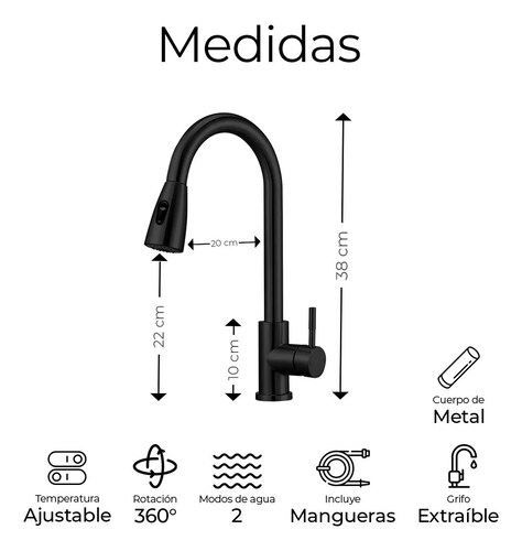 Grifo Cocina Monomando Extraíble Tarja Inoxidable Negro Mate