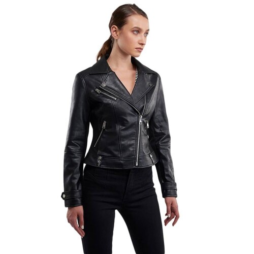 Chamarra color negro para mujer, marca Holly Land, con tacto de piel, mod. 824255