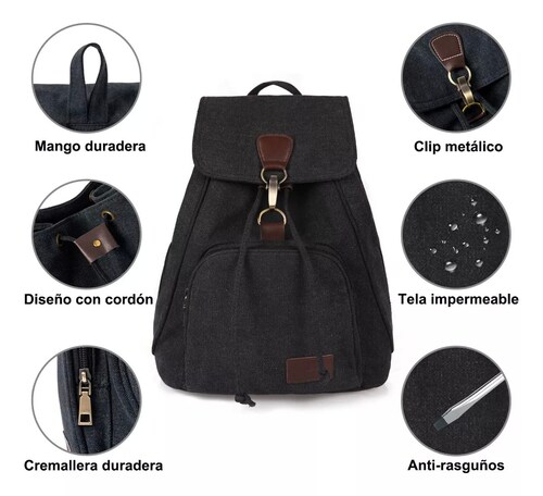 Mochila Escolar Antirrobo Para Mujer Mochila De Lona Impermeable color NEGRO.