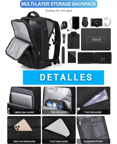 Mochila De Viaje Grande, Mochila Impermeable Para Senderismo color NEGRO.