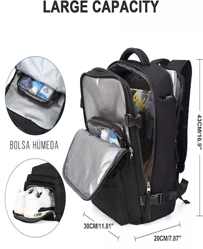Mochila De Viaje Grande, Mochila Impermeable Para Senderismo color NEGRO.