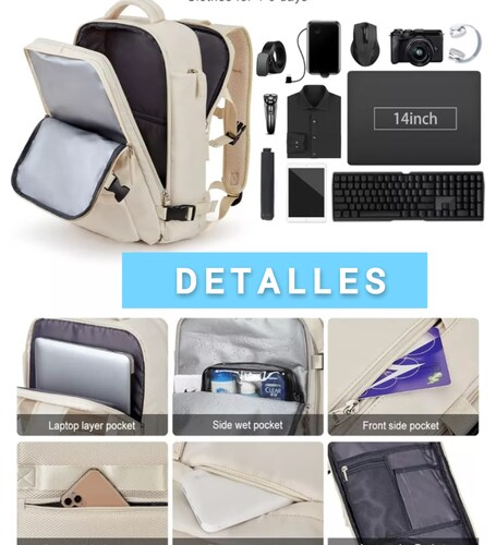 Mochila De Viaje Grande, Mochila Impermeable Para Senderismo color CREMA.