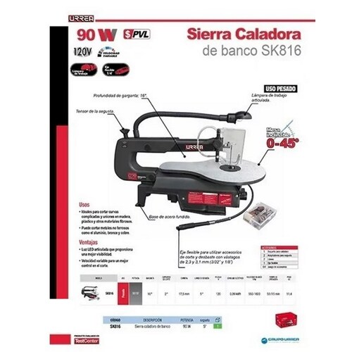 Sierra Caladora Banco Base Acero Inclinable 16pulg 90W Urrea