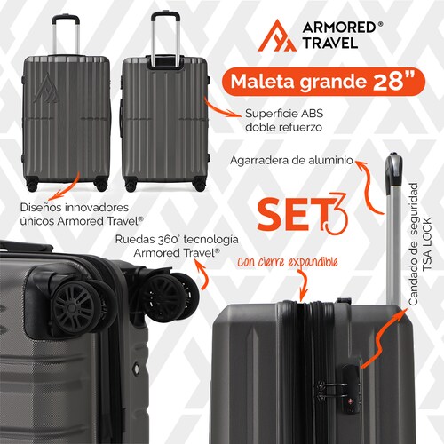 Maletas de viaje Rígidas set grande kit 3 piezas 28 24 20 pulgadas carry on ABS doble calibre candado de alta seguridad TSA LOCK Gris Oxford OX Armored travel.