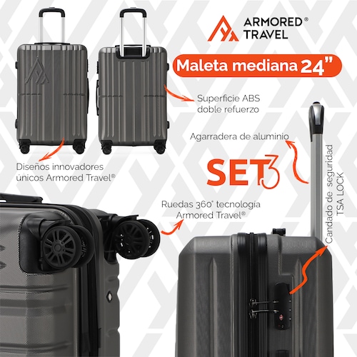 Maletas de viaje Rígidas set grande kit 3 piezas 28 24 20 pulgadas carry on ABS doble calibre candado de alta seguridad TSA LOCK Gris Oxford OX Armored travel.