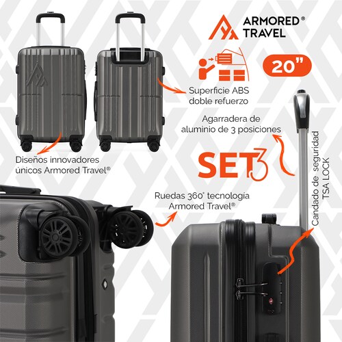 Maletas de viaje Rígidas set grande kit 3 piezas 28 24 20 pulgadas carry on ABS doble calibre candado de alta seguridad TSA LOCK Gris Oxford OX Armored travel.