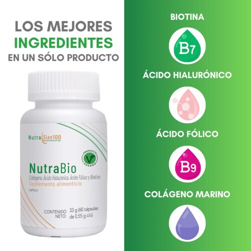 Colágeno vegano, Ácido Hialurónico, Biotina y Ácido Fólico Ideal para Cabello y Uñas 30 días