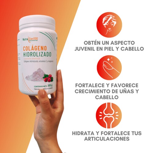 COLÁGENO hidrolizado puro en Polvo Con Vitamina C y Magnesio Sin Azúcar. Nutrasien100.  Sabor arándano 1 Bote de 300g